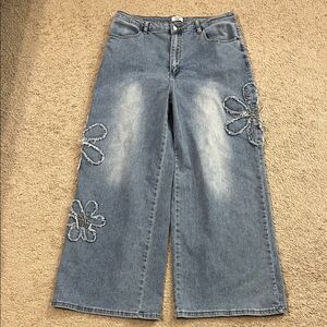 Easel Los Angeles Floral Embellished Wide-Leg Jeans